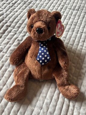 Ty Beanie Baby Hero Brown Teddy Bear Blue Tie Vintage 2000 Father's Day Plush